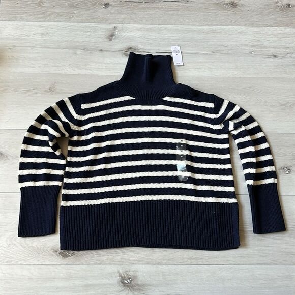 GAP Kids 24/7 Split-Hem Turtleneck Sweater Size M navy blue/white‎ striped NWT - Picture 2 of 4